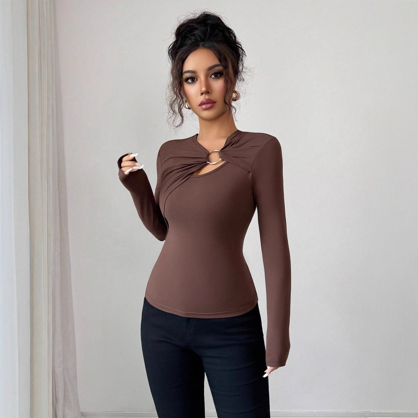 Asymmetric Metal-Trim Slim Top