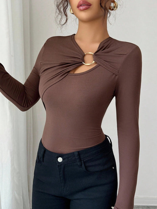 Asymmetric Metal-Trim Slim Top