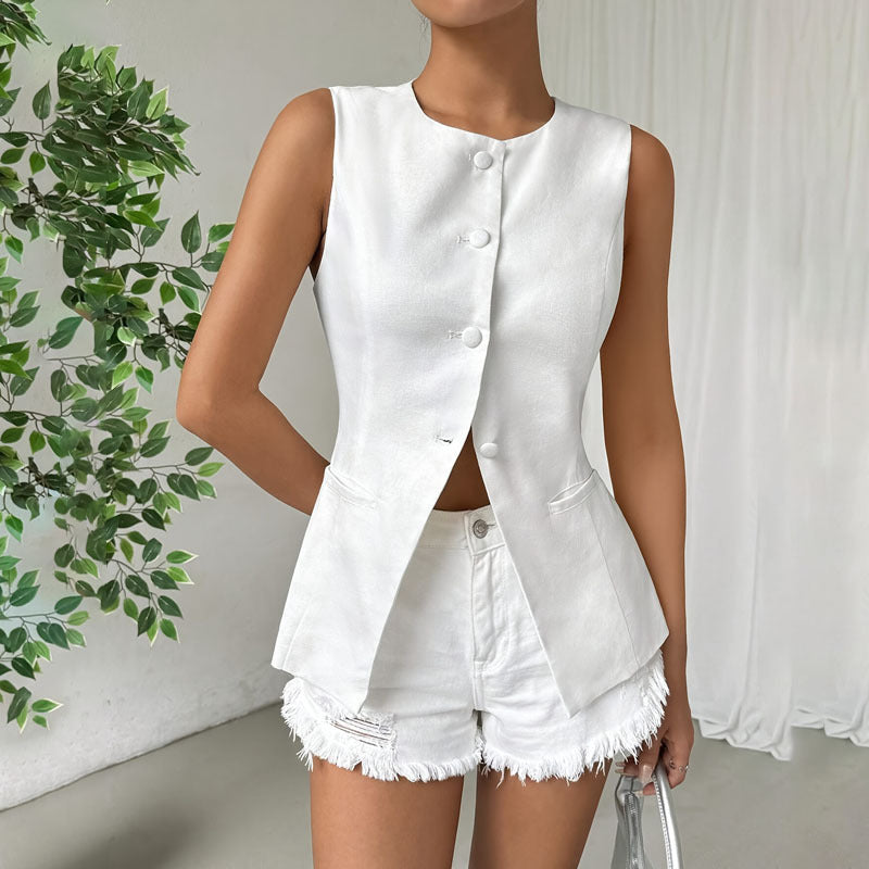 Sleek Button-Up Round‑Neck Vest