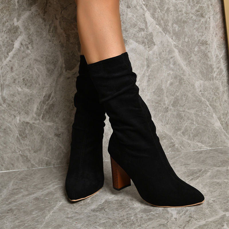 Chic Pointed Mid‑Calf Suede Block‑Heel Boots
