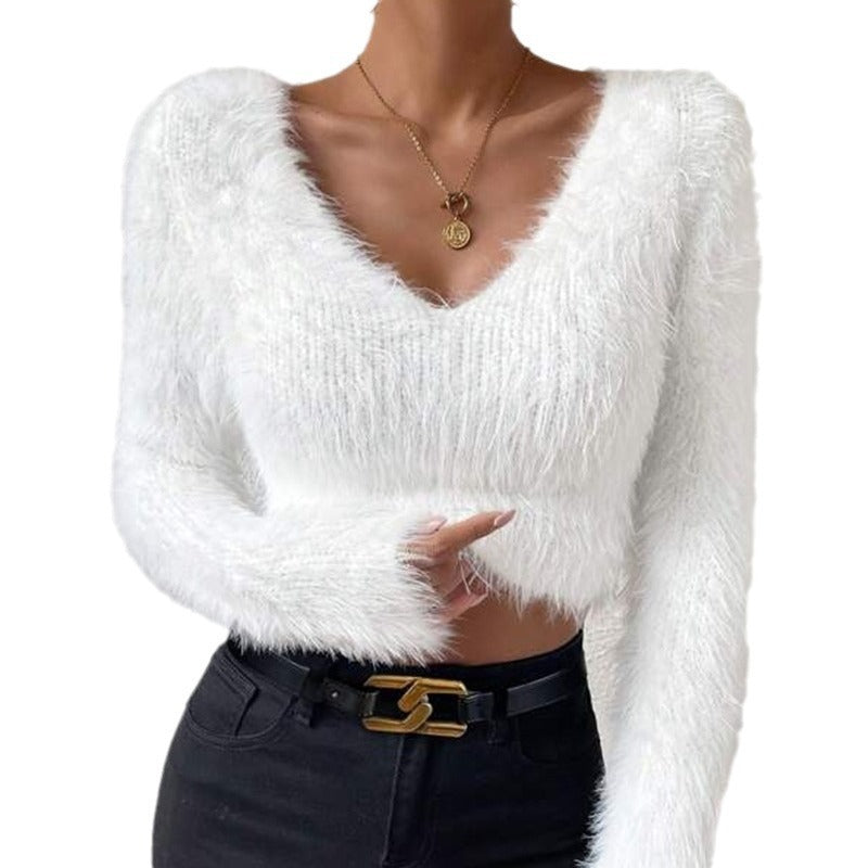 Cozy V-Neck Plush Crop Sweater