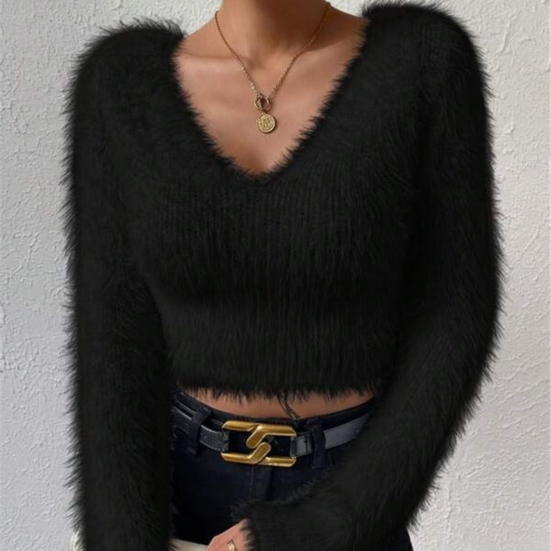Cozy V-Neck Plush Crop Sweater