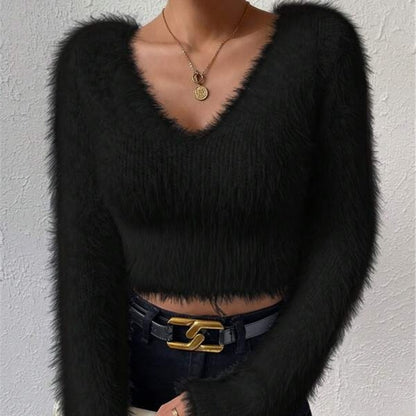 Cozy V-Neck Plush Crop Sweater