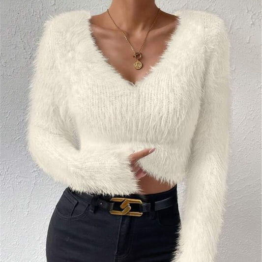 Cozy V-Neck Plush Crop Sweater