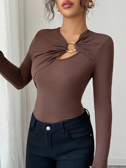 Asymmetric Metal-Trim Slim Top