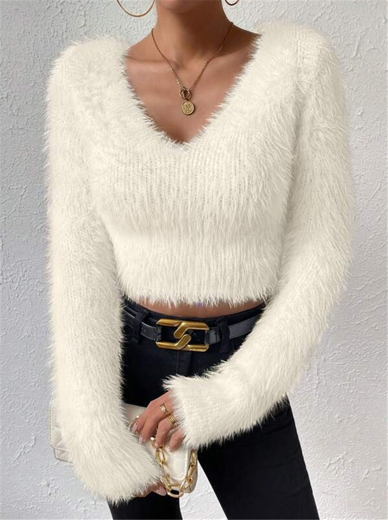 Cozy V-Neck Plush Crop Sweater