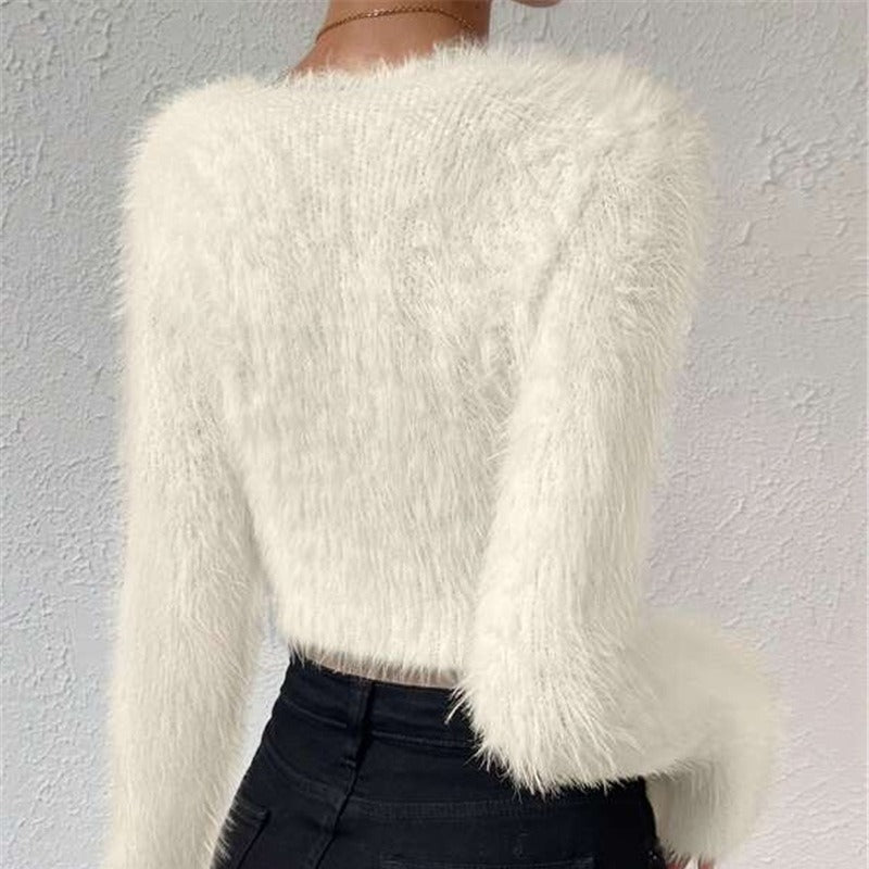 Cozy V-Neck Plush Crop Sweater