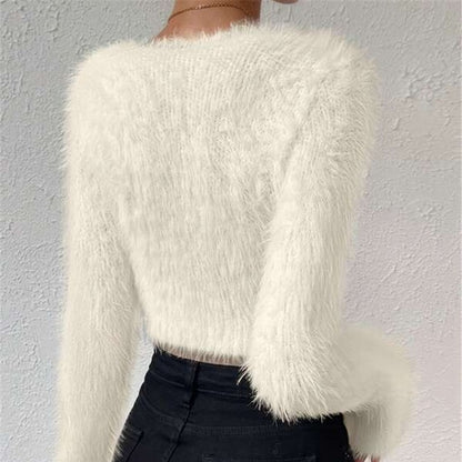 Cozy V-Neck Plush Crop Sweater