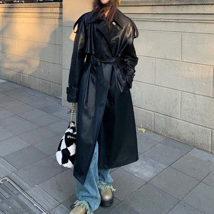 Sleek Loose Black Leather Coat