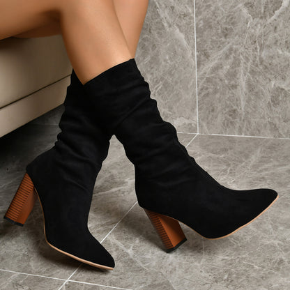 Chic Pointed Mid‑Calf Suede Block‑Heel Boots