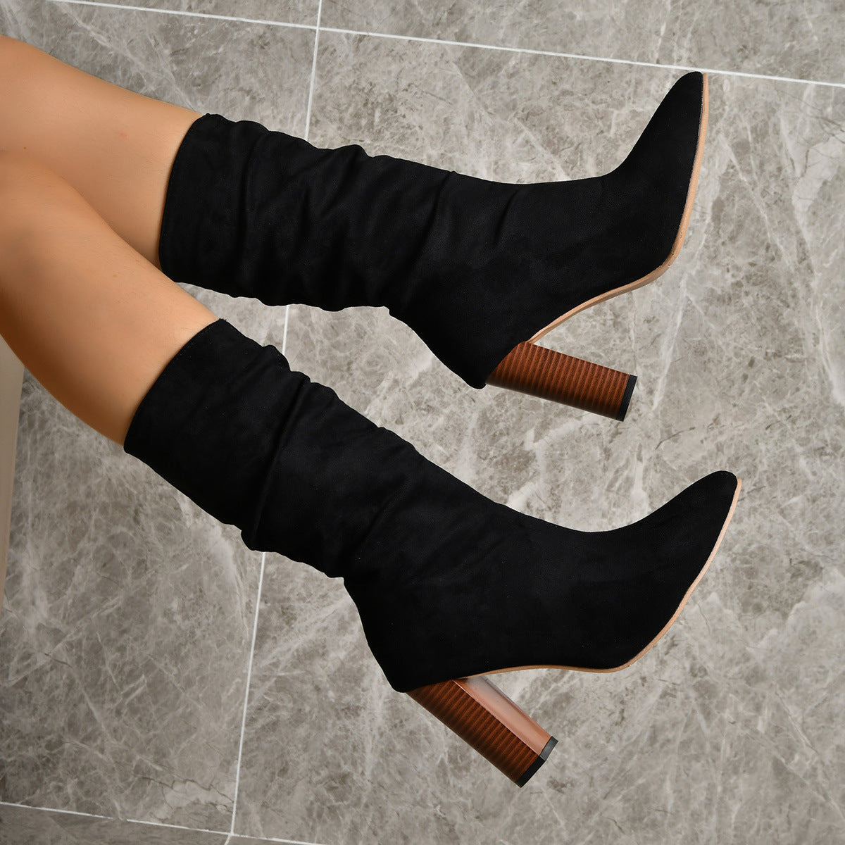 Chic Pointed Mid‑Calf Suede Block‑Heel Boots