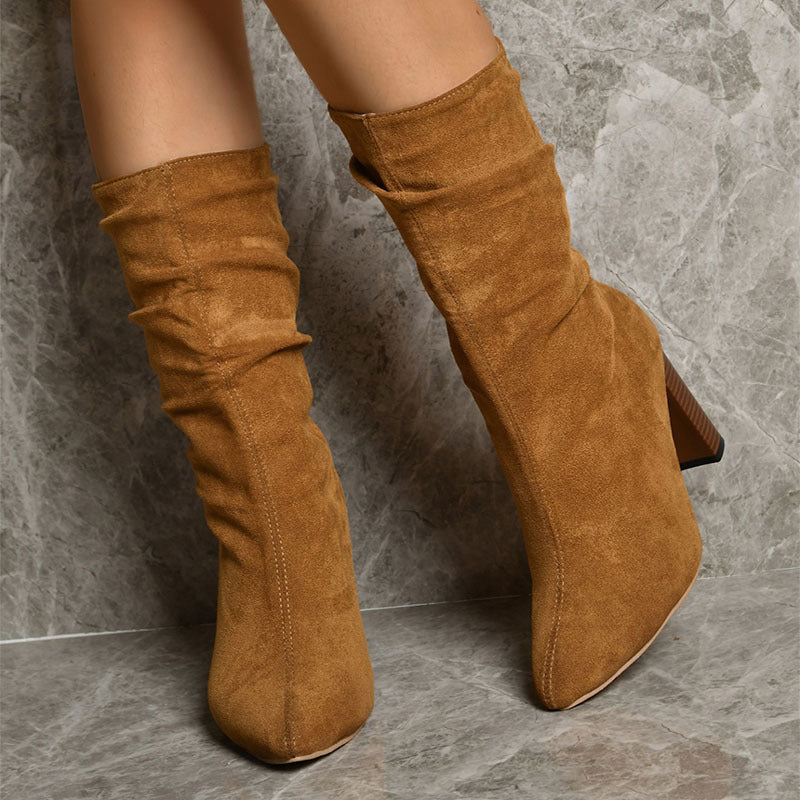 Chic Pointed Mid‑Calf Suede Block‑Heel Boots